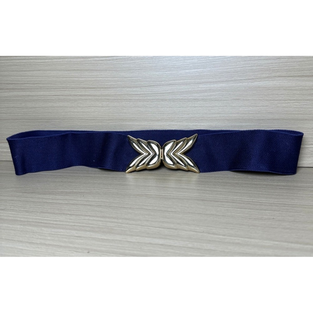 Vintage Statement Belt Womens Blue Gold Tone Buckle Stretch Waist Wide 90s